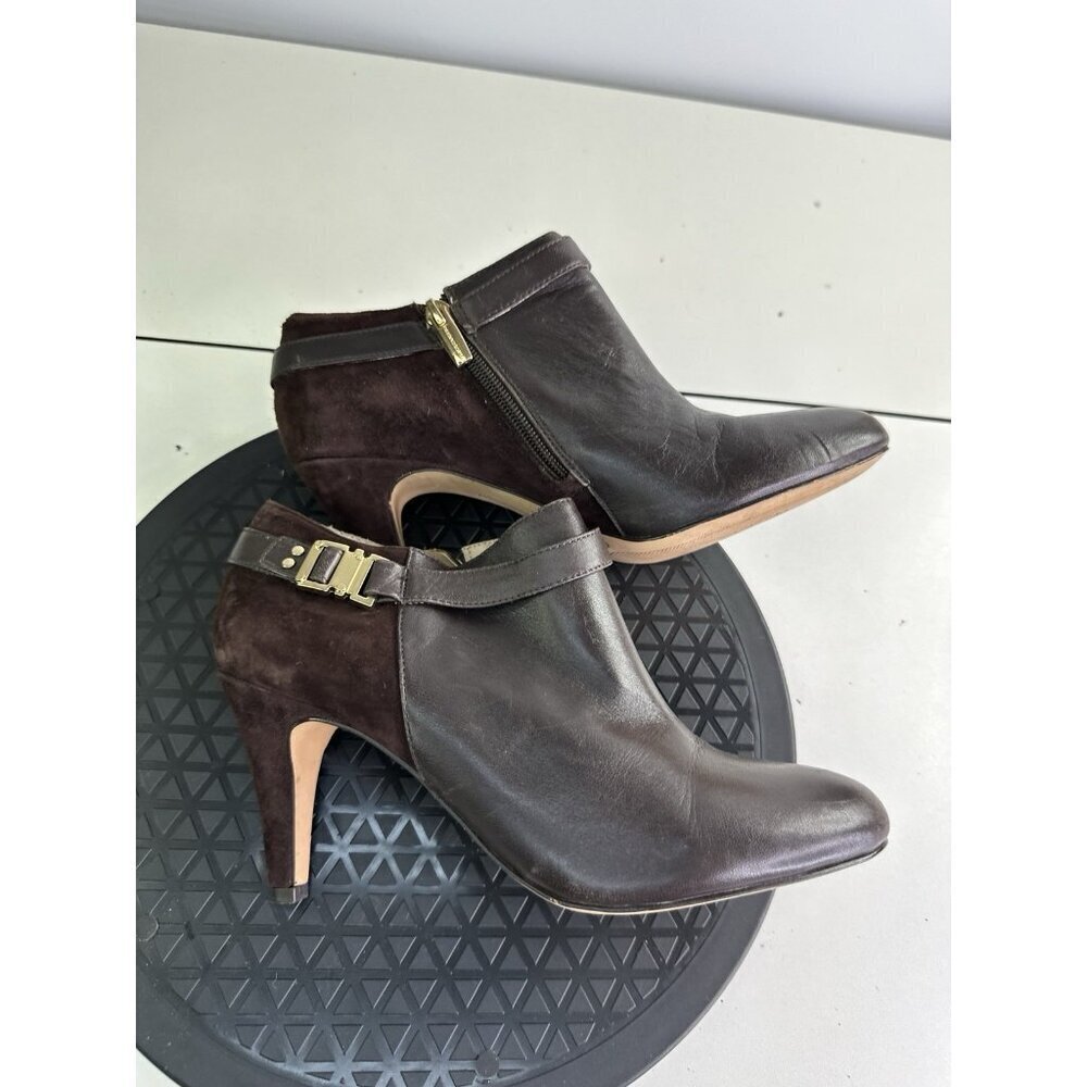 Vince Camuto Vanna Leather & Suede Dk Brown Ankle Boot Heels 7.5M Gold Trim